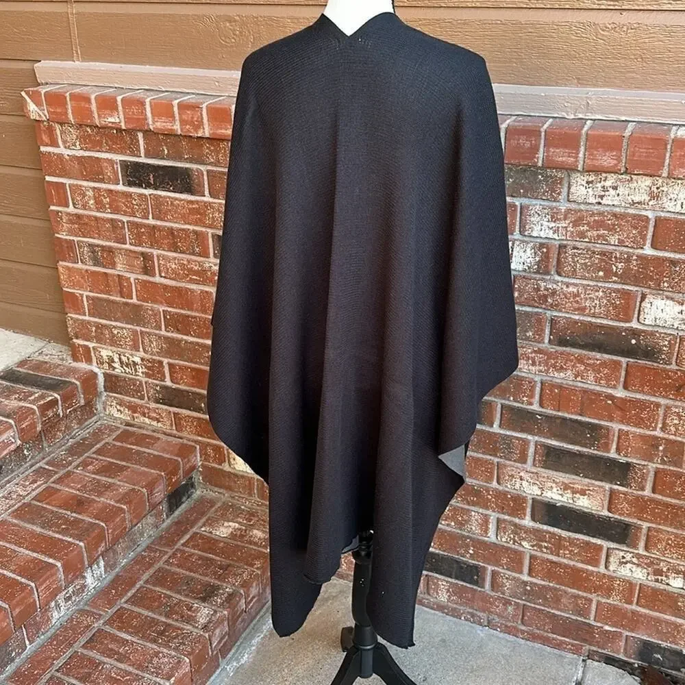Kevia Reversible Knit Poncho Cape Black Gray Open Front Shawl Sweater One Size